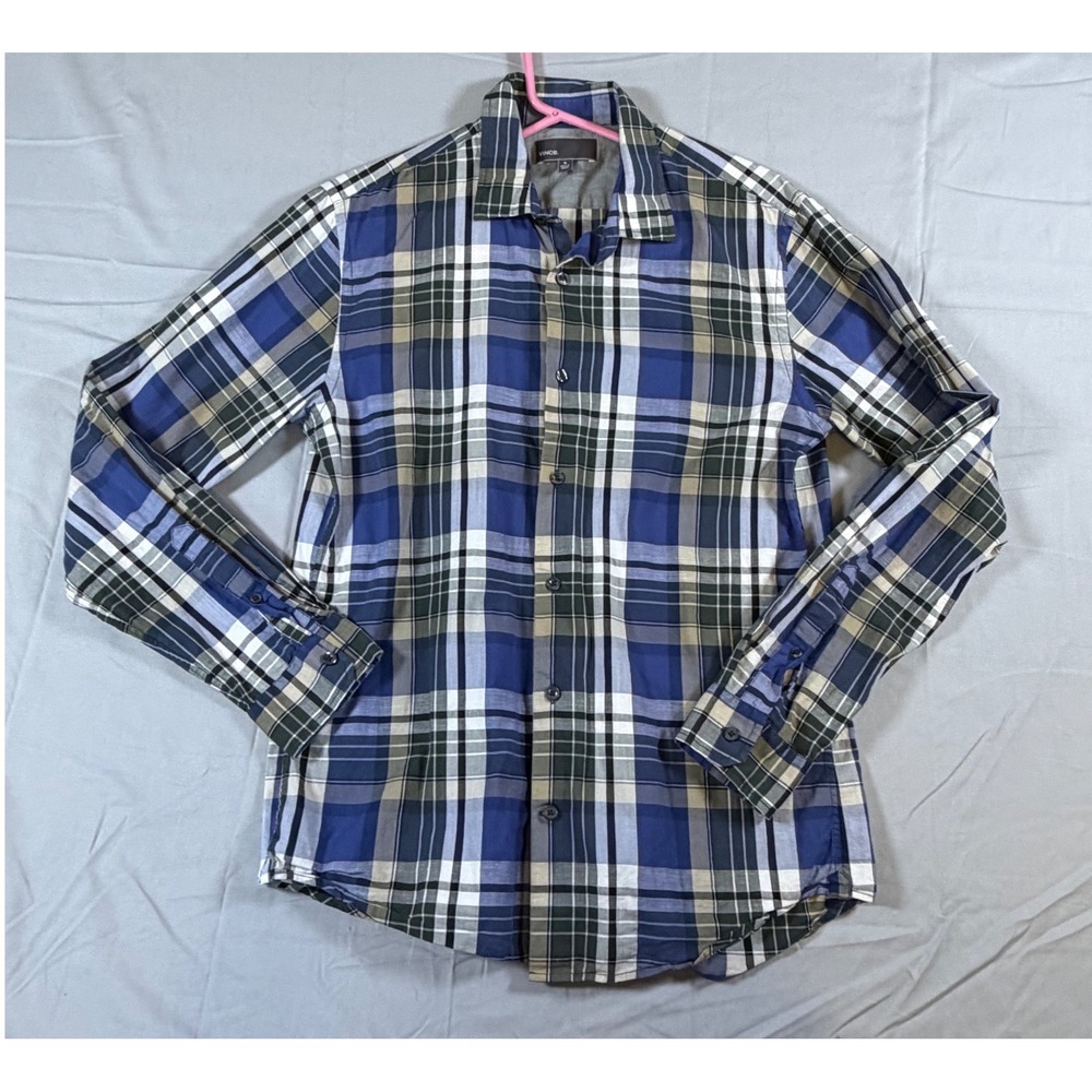 Vince Mens Blue Green Plaid Cotton Linen‎ Long Sleeve Button Down Shirt Size M